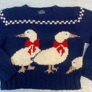 Vintage The Woolrich Woman Navy with Ducks Knit Crewneck Sweater 100% Pure Wool